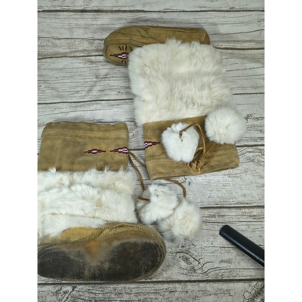 Leather Rabbit Fur Sheepskin Beaded Mukluk Moccasins Women Size 7